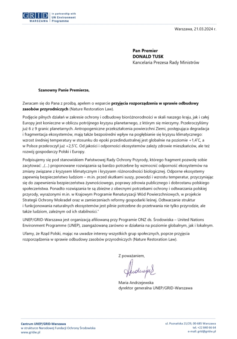 🔴 "Przekroczyliśmy już 6 z 9 granic planetarnych" - pisze <a href="/GRIDWarszawa/">UNEP/GRID-Warszawa</a> <a href="/UNEP/">UN Environment Programme</a> w liście do Premier RP <a href="/donaldtusk/">Donald Tusk</a> i prosi o przyjęcie rozporządzenia w sprawie odbudowy zasobów przyrodniczych #NatureRestorationLaw 
🇵🇱 <a href="/PremierRP/">Kancelaria Premiera</a>