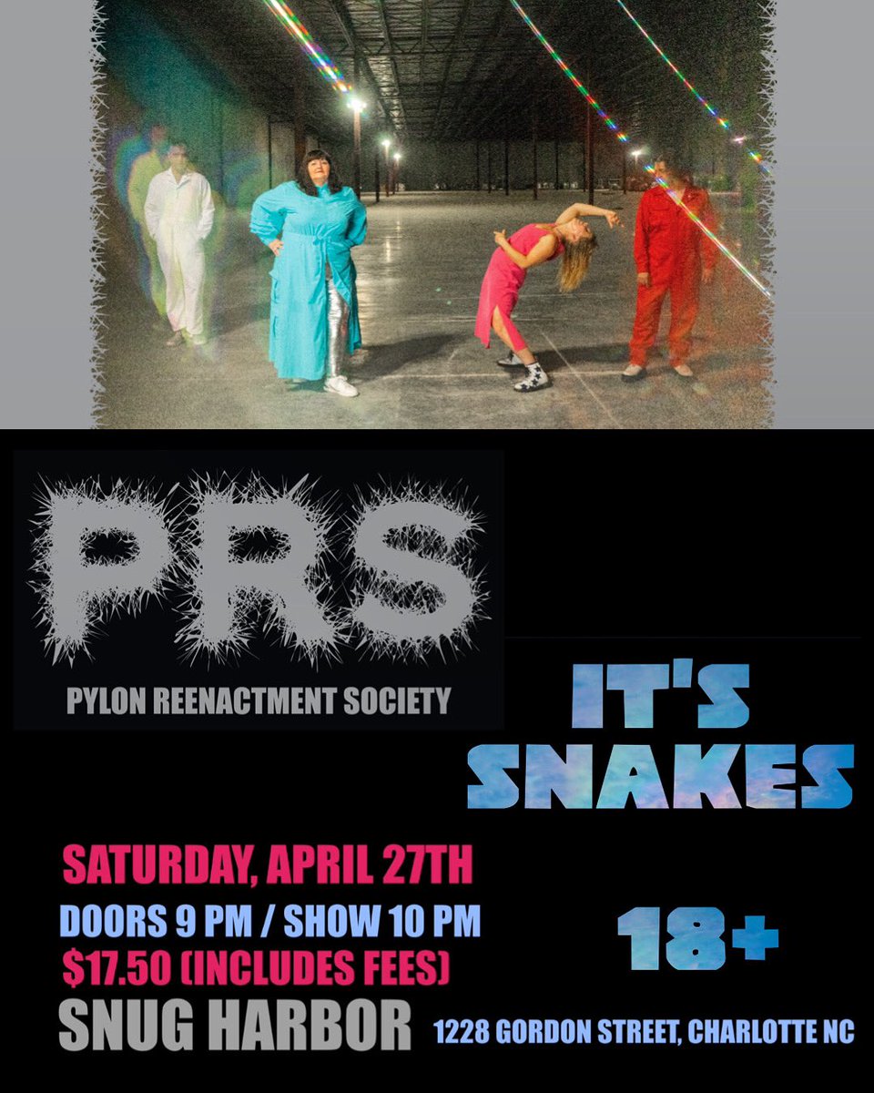 Pylongirl's tweet photo. #PylonReenactmentsociety
April 24 @ottobuddy Baltimore MD w/ @dimwizzy
April 27 @SnugRock Charlotte NC w/ @ItsSnakes
Tickets / Info:
https://t.co/F49D1iTYaw
#thingstodoinBaltimore #thingstodoinCharlotte #Ottobar #SnugHarbor #Postpunk #alternativerock #ItsSnakes #DimWizard https://t.co/mIHcsPK5UB