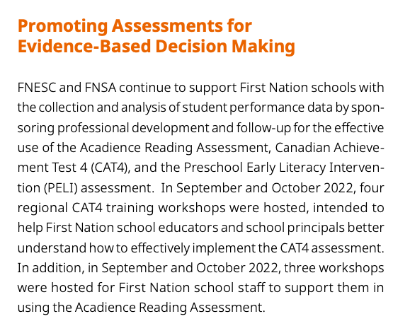 KateLyonPR's tweet image. 📢Hey, #BCEd - FNESC & FNSA support student data collection & analysis & have provided educators with Pro-D in using the Acadience Reading Assessment, Preschool Early Literacy Intervention (PELI), and Canadian Achievement Test (CAT4). Check out their Annual Report. #BCTF