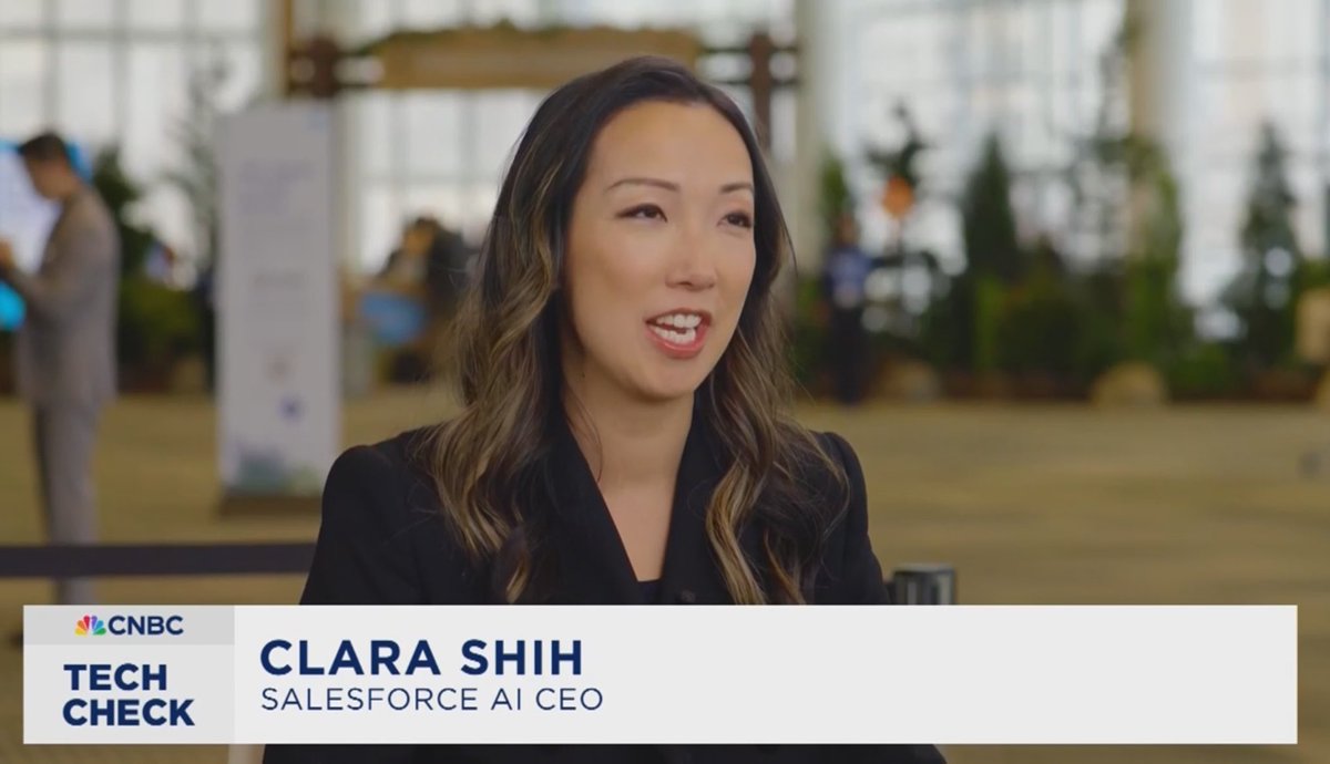 .@ClaraShih, CEO of @Salesforce AI, joins @CNBCTechCheck’s Deirdre Bosa (@dee_bosa) to discuss the importance of data privacy and trust when building AI, and how AI can upskill workers. This is a masterclass on GenAI and its business benefits. stocks.apple.com/AIJYTHS1iQdqAl…