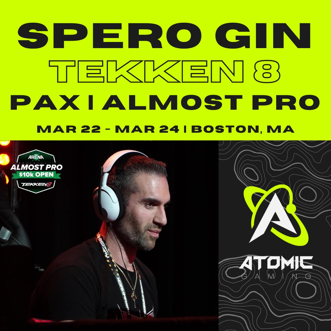 AtomicGamingUS's tweet image. We wish @SperoGin luck as he heads out to Boston to compete in the @pax Arena Almost Pro Tekken tournament!