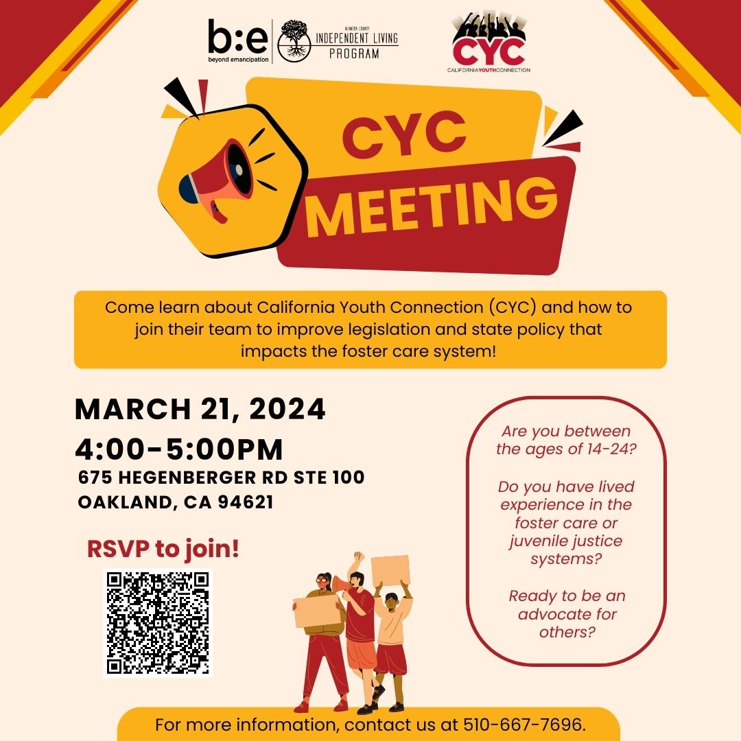 This month's CYC Meeting is today at 4pm. Learn about California Youth Connection (CYC) and how to join their team to improve legislation and state policy that impacts the foster care system. 
#be4youth #acilp #cyc #fosteryouth #advocacy #legislation #policy #impact #community