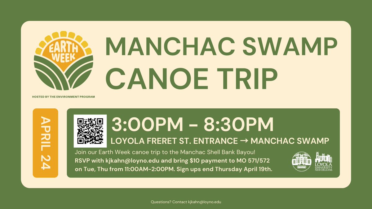LoynoEnva's tweet photo. Join our Earth Week canoe trip to the Manchac Shell Bank Bayou. You won't want to miss!
Reservation &amp; Cost: $10 
Deliver payment to Shelby Perkins in Monroe hall 571/572 on Tue, Thu from 11-2PM. The deadline for new sign-ups is Thursday April 19th.  RSVP with kjkahn@loyno.edu https://t.co/FgwAL36Nwl