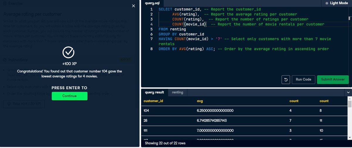 oyelekeibukun1's tweet image. #SQLJOURNEY#

My 1% today

1. I started the &quot;Data-Driven Decision Making in SQL&quot; course on DataCamp. I learnt about decision making with simple SQL queries.

2. I learnt about how to remove redundant pairs in a dataset. Thank you @techTFQ for the #30daysSQLquerychallenge#