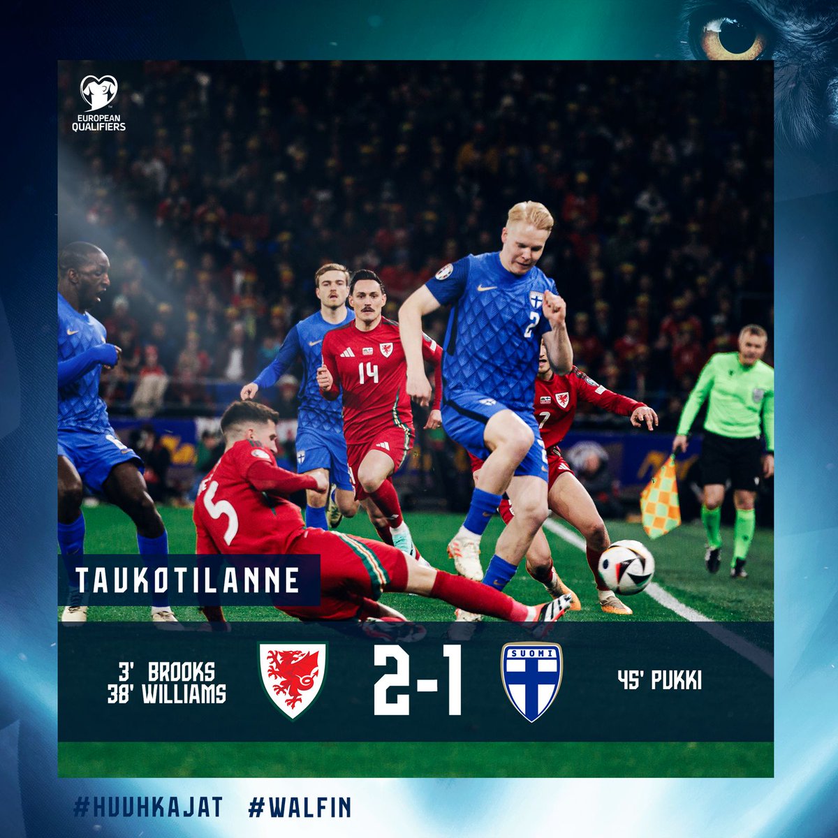 Huuhkajat's tweet photo. Wales pääsee tauolle johtoasemassa, mutta Huuhkajat on hyvin mukana pelissä. Toinen jakso aikaa nousta tasoihin ja ohi - taistele, Suomi! 👊

#Huuhkajat #WALFIN #MeOlemmeSuomi https://t.co/2MMP0CCp7U