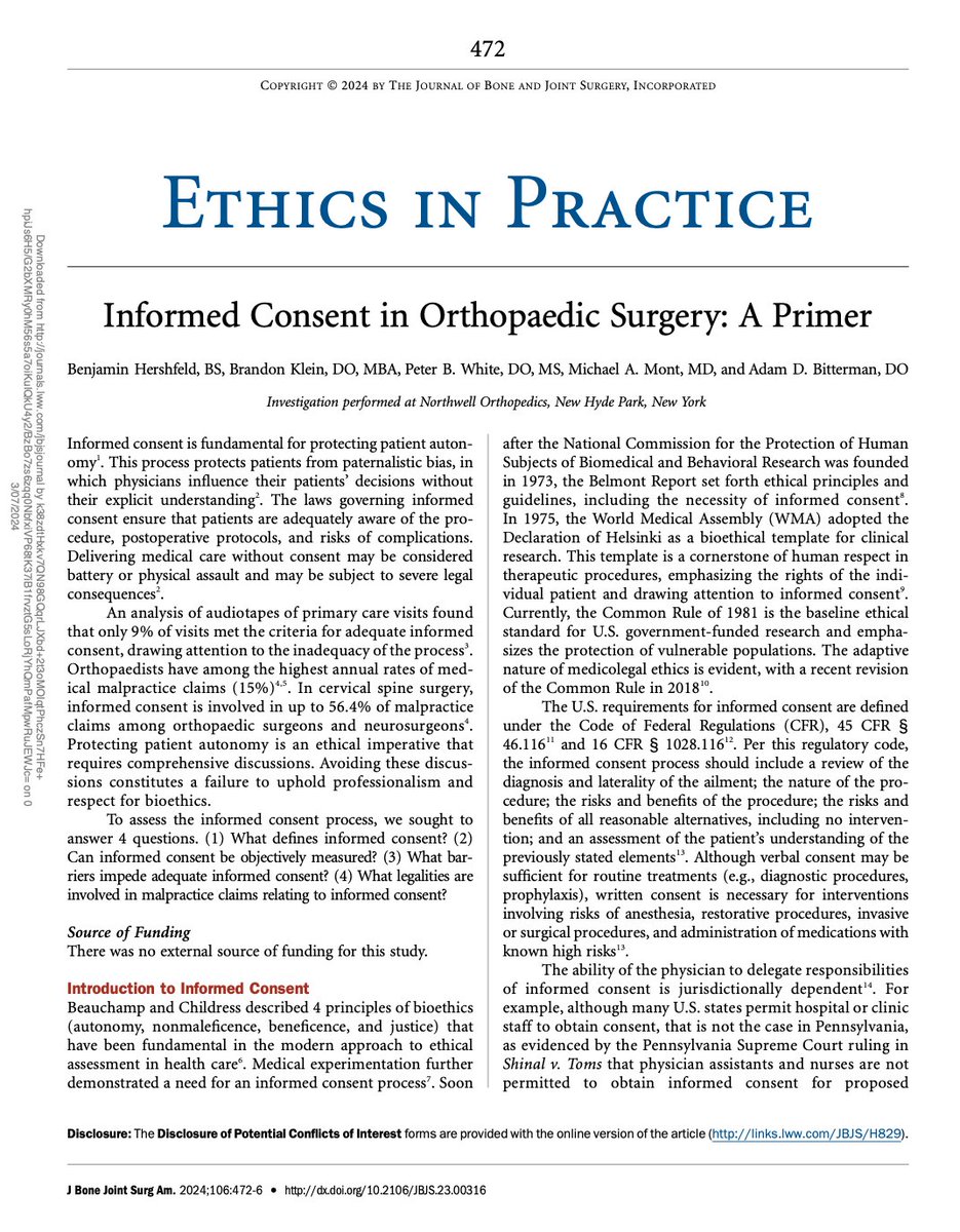 Informed Consent in Orthopaedic Surgery: A Primer : via @jbjs  journals.lww.com/jbjsjournal/ab… 

#orthotwitter #informedconsent