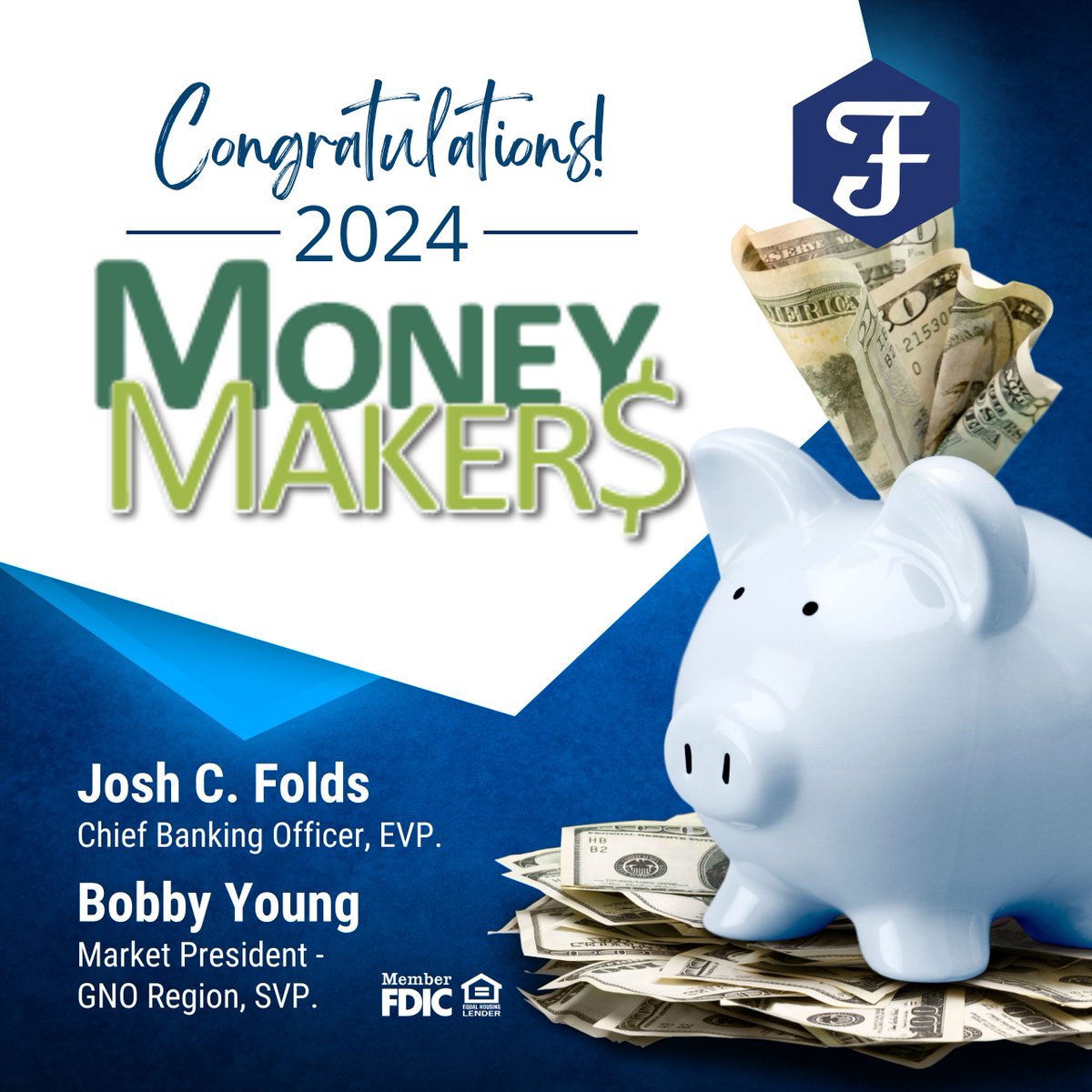 Congratulations to Josh Folds and Bobby Young for their outstanding achievement in being named to the 2024 New Orleans CityBusiness Money Makers! 🎉 #Recognition #HereForGood #MoneyMakers2024