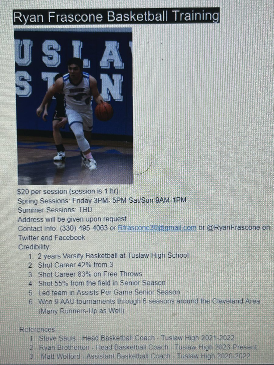 Hey everyone! I am starting up my own basketball training company for grades 3-12 around my area! If you want to come refine your skills and get to the next level at an affordable price look at my flier attached! Thank you and share this with parents or athletes that you know!