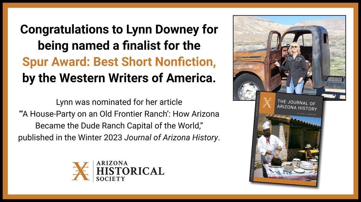 AZHistSociety's tweet photo. Exciting news from @Western_Writers! Congrats, @WriterLynnD!
In celebration, we've made the article FREE on Project MUSE from now until the end of April.
Read it or download it here: https://t.co/QOwYonqEUz
#JournalofArizonaHistory #duderanches #Arizona https://t.co/LBMFhahaMZ