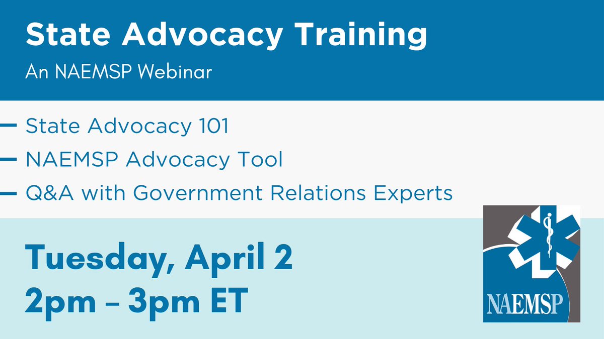 Join NAEMSP on April 2 to learn more about advocating for EMS at the state level! This webinar will feature a “State Advocacy 101” segment, a look at new NAEMSP advocacy tools, and a Q&A with expert government relations professionals. Register now: bit.ly/3x61GkQ