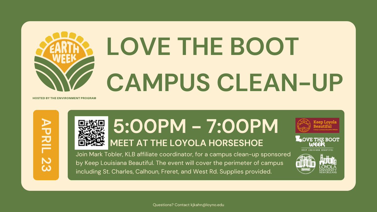 LoynoEnva's tweet photo. Join Mark Tobler, affiliation coordinator for KLB, for an evening campus clean-up sponsored by Keep Louisiana Beautiful. Participants will clean the perimeter of campus including St. Charles, Calhoun, Freret, and West Rd. Supplies will be provided.
RSVP:
https://t.co/G97VghGNBe https://t.co/JsZ3VkE6c4