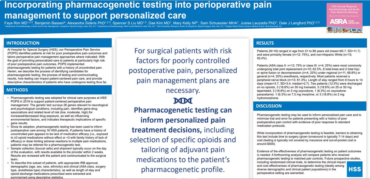 HSS Anesthesiology (@hssanesthesia) on Twitter photo Presented at #ASRASPRING24 by Rim F, Basseri B, Sideris A, Liu S, Kim D, Kelly M, Schuessler S, Lauzadis J, Langford D: Incorporating pharmacogenetic testing into perioperative pain management to support personalized care epostersonline.com/asraspring2024… <a href="/f_rimmd/">Faye Rim</a> <a href="/WCMAnesthesia/">Weill Cornell Medicine Anesthesiology</a> <a href="/HSSProfEd/">HSS Education Institute</a> Presented at #ASRASPRING24 by Rim F, Basseri B, Sideris A, Liu S, Kim D, Kelly M, Schuessler S, Lauzadis J, Langford D: Incorporating pharmacogenetic testing into perioperative pain management to support personalized care epostersonline.com/asraspring2024… <a href="/f_rimmd/">Faye Rim</a> <a href="/WCMAnesthesia/">Weill Cornell Medicine Anesthesiology</a> <a href="/HSSProfEd/">HSS Education Institute</a>