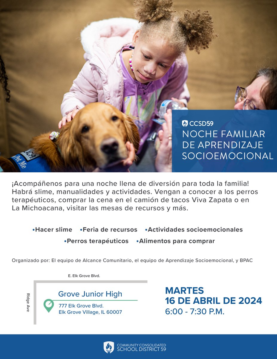 Join us for a fun-filled night for the whole family on April 16. There will be slime, crafts, and activities! Come pet some friendly comfort dogs, buy dinner at the Viva Zapata taco truck or La Michoacana, visit resource tables, and more! #D59Learns