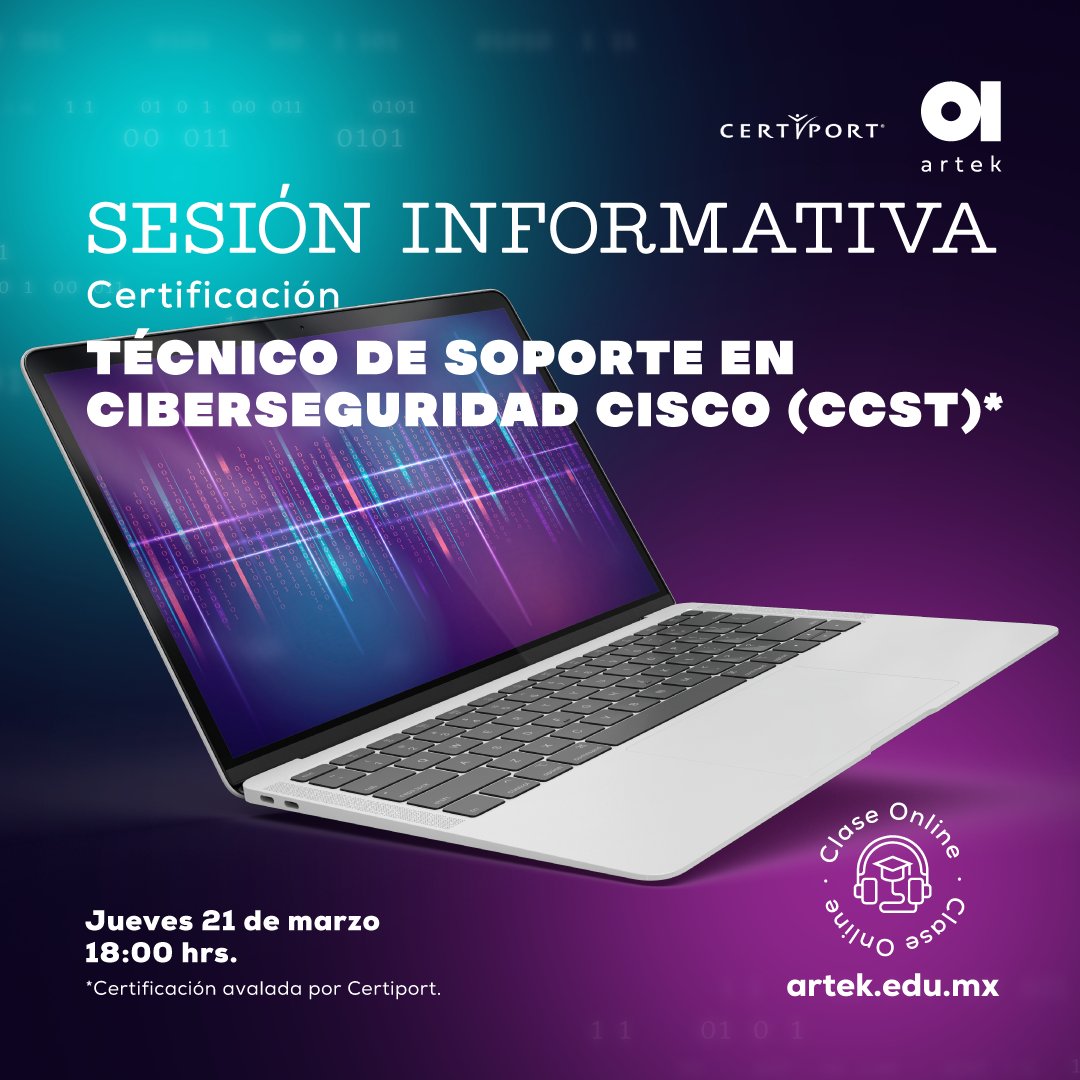 InstitutoArtek's tweet photo. Únete a la sesión informativa de Técnico de Soporte en Ciberseguridad CISCO (CCST).

Reserva tu lugar aquí https://t.co/ZOilC5bdsK https://t.co/EECiJYaLol