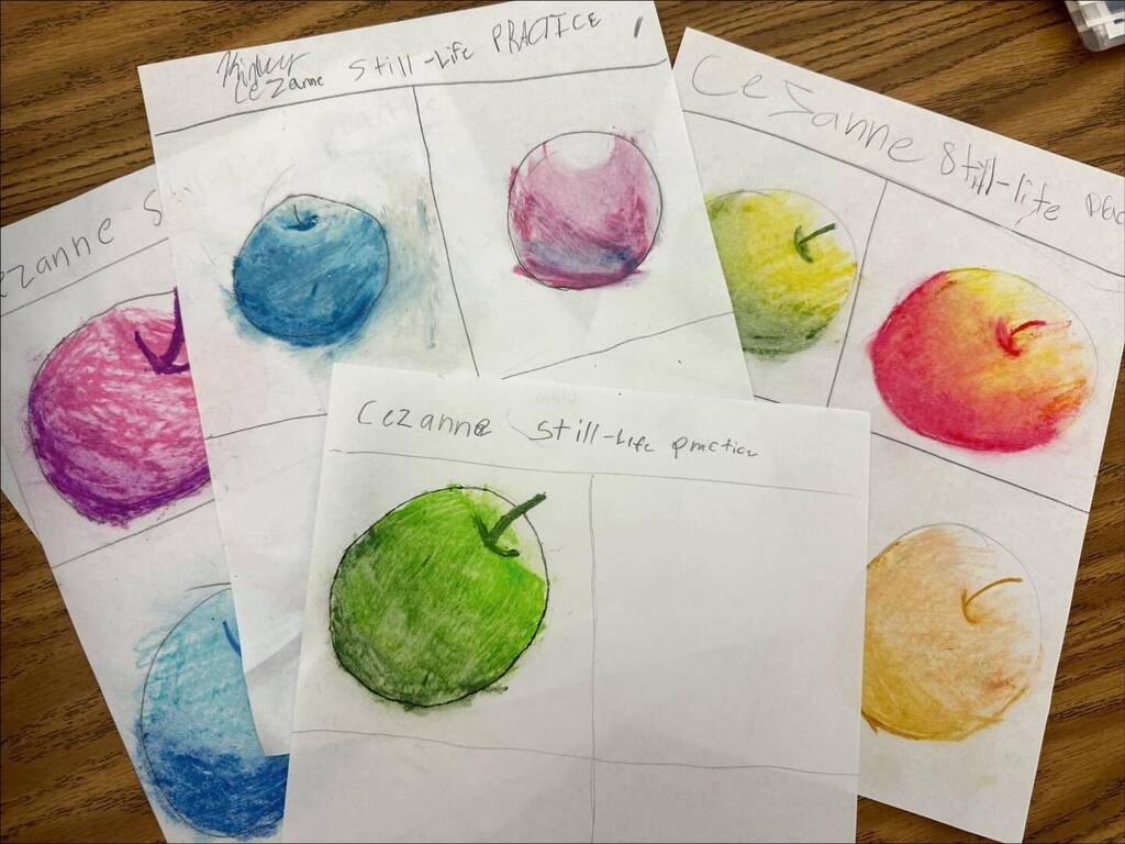 Visit ift.tt/eHKSaDk for full caption. #4thgradeartists used oil pastels to practice creating apple still-life inspired by Cezanne. #heardsferryart