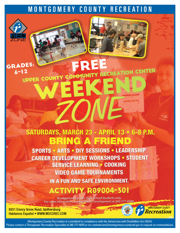 MoCoRec's tweet photo. Starting this Saturday, join #MoCoRec for Weekend #RecZone. Middle and high schoolers can unleash their potential and have a blast!  Learn more and register ➡️ https://t.co/o4Qmz6YY3Y. https://t.co/nlPVxYc69h