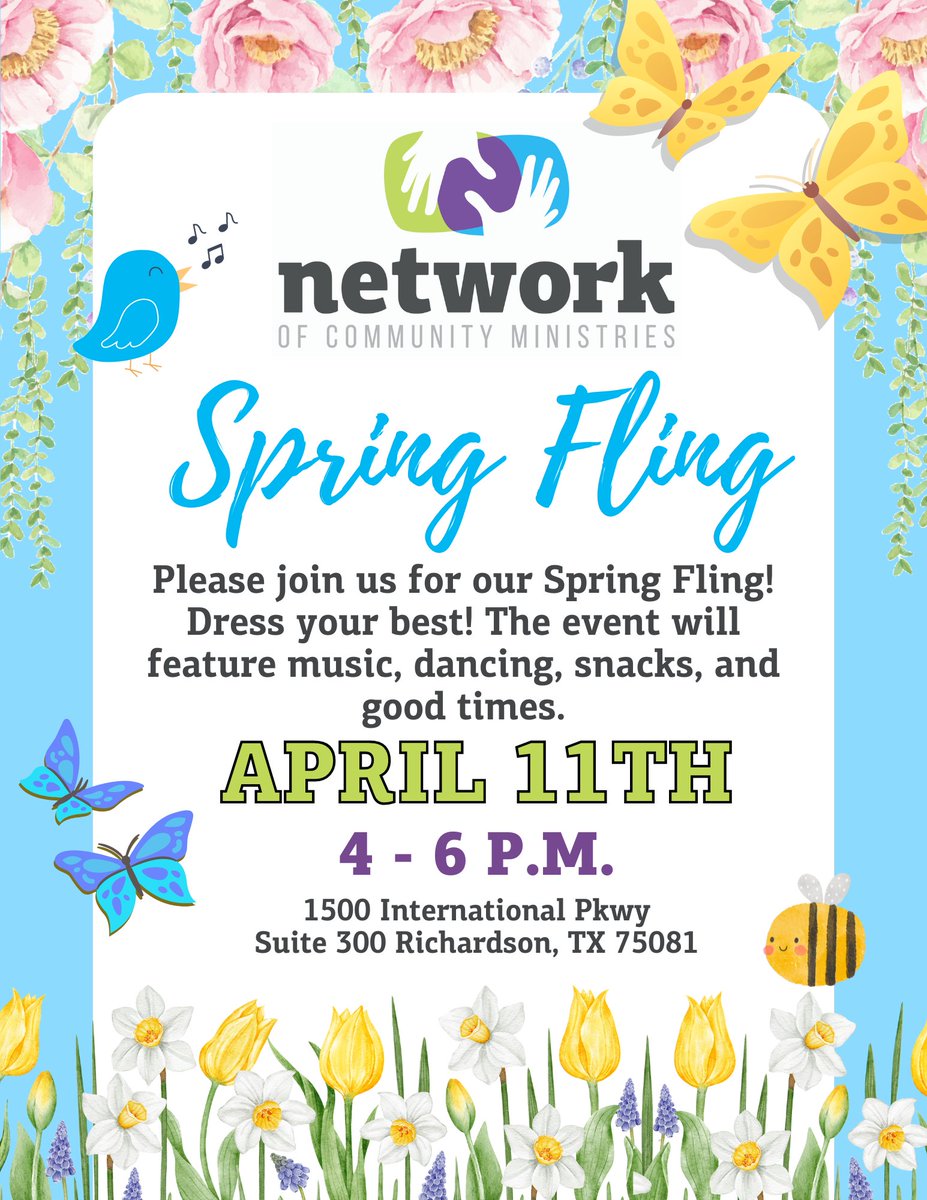 You're invited to Network's Spring Fling! Join us from 4 to 6 p.m. on Thursday, April 11 for a celebration of spring. The event will feature music, dancing, snacks, and an all around good time. Be sure to dress your best and bring your family– all are welcome!