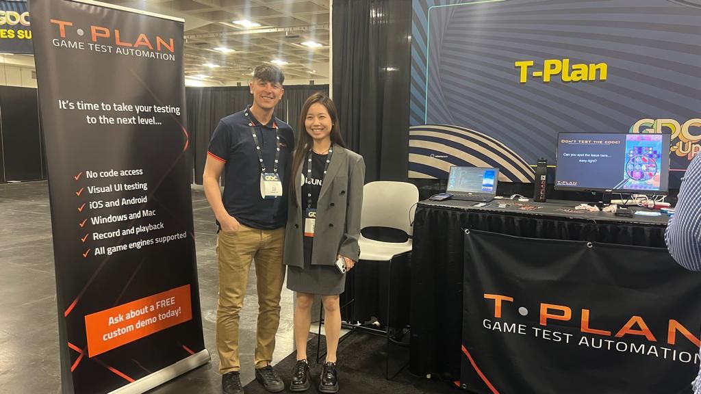 TPlanltd's tweet photo. We're loving being able to show people in person how T-Plan game test automation works! It was great to meet Amy from IFUN, who's excited to be able to automate their UI testing.  Come and see for yourself - we're at booth US36 #IFUN #tplan #GDC2024 https://t.co/VgFCkVna4G