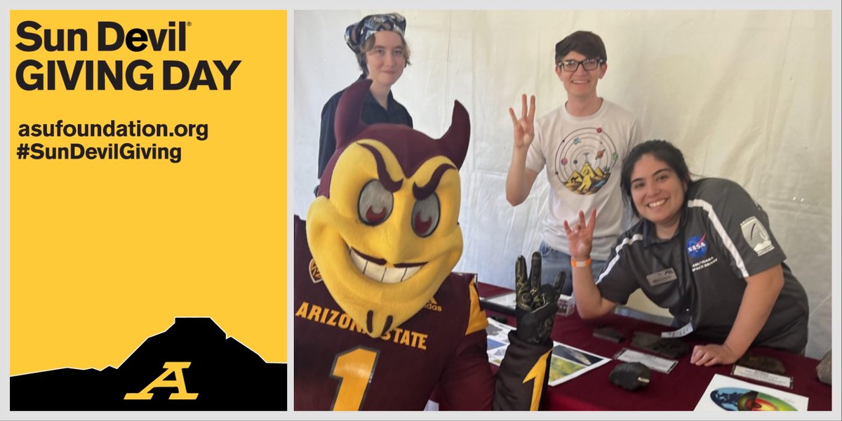 ASU Meteorites (@asumeteorites) on Twitter photo 🚀Our amazing <a href="/NASA_SpaceGrant/">NASA Space Grant</a> intern + <a href="/SESEASU/">School of Earth and Space Exploration</a> #StudentOutreachAmbassadors bring #meteorites + the cosmos to <a href="/ASU/">Arizona State University</a> Homecoming w Sparky + the #SunDevilNation!🌠
🎓Support #StudentSuccess + #ScienceOutreach on #SunDevilGiving Day!💫🔬 bit.ly/3mNLAav <a href="/asufoundation/">ASU Foundation</a> 🚀Our amazing <a href="/NASA_SpaceGrant/">NASA Space Grant</a> intern + <a href="/SESEASU/">School of Earth and Space Exploration</a> #StudentOutreachAmbassadors bring #meteorites + the cosmos to <a href="/ASU/">Arizona State University</a> Homecoming w Sparky + the #SunDevilNation!🌠
🎓Support #StudentSuccess + #ScienceOutreach on #SunDevilGiving Day!💫🔬 bit.ly/3mNLAav <a href="/asufoundation/">ASU Foundation</a>
