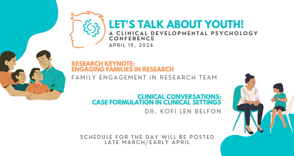 Join us at #LTAY2024 to hear from some fantastic speakers📢 Our keynote @FERProgram will focus on family engagement in research👩‍👩‍👧‍👦, while Dr. Kofi-Len Belfon will direct a clinical conversation about case formulation in clinical settings🧠 

Register here: eventbrite.com/e/lets-talk-ab…