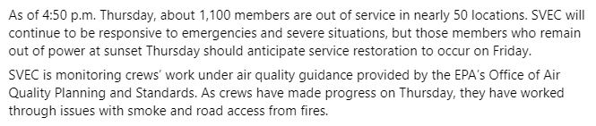 Our afternoon update, from our Facebook page. Track progress and estimated times for restoration, when available, in the MySVEC app or svec.coop/outage.