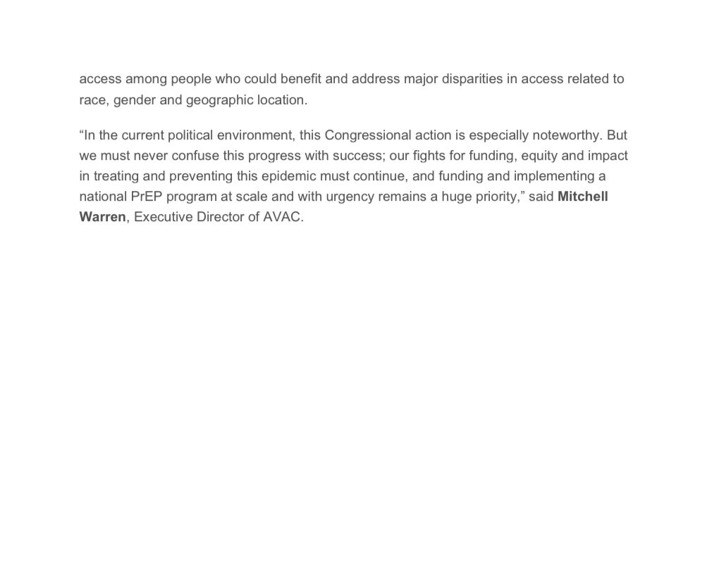 BREAKING: AVAC, @PrEP4AllNow, @HIVMA, and @PrEPInBlkUS celebrate US Congress decision to fund domestic HIV programs at the same level as last year after threats to eliminate $767M in critical funds. Read the full press release here. #SaveHIVFunding avac.org/press-release/…