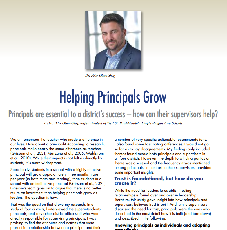 Ed Leader Colleagues, those who lead, support and care about prinicpals - this is a really good read from Dr. Peter Olson Skog, Supt. of @District197, a @UMN_CEHD grad. mnmsba.org/wp-content/upl… @MNAssocSchAdm @mnmsba @MESPAprincipals @mnprincipals @MREAvoice @amsdmn