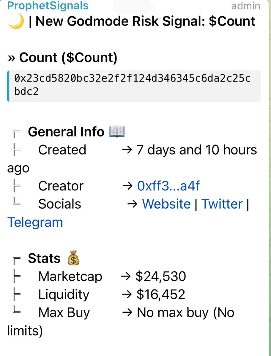 The Trading Algorithm at <a href="/ProphetBots/">ProphetBots</a>⚠️ 

$Count was signalled at $24.5k MC   

$Count hit $590k MC      

A 24x on a 0.05ETH entry...      

Returning a MAX 1.2ETH // $4k USD profit.