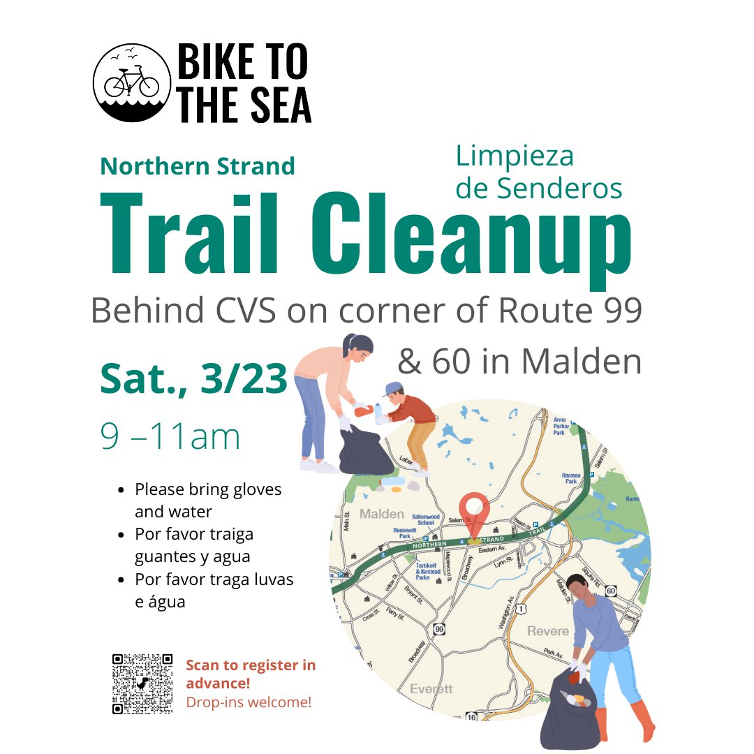 BikeToTheSea's tweet photo. It's Spring cleaning time! Meet with us this Saturday to help clean the Northern Strand Trail! Register in advance using the link. https://t.co/hgsyvsqUQH… 
#TrailCleanup #biketothesea #maldenma #northernstrandtrail #volunteering #sharedusepaths #springcleaning https://t.co/HtbY0dg4b8