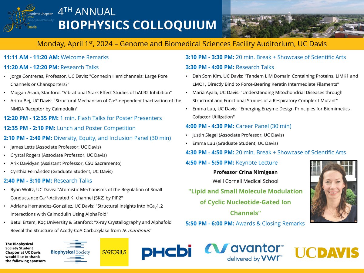 🔬Join us for the 4th Annual Biophysics Colloquium on April 1st at the GBSF Auditorium, UC Davis. Featuring cutting-edge research talks and sessions. Thanks to our sponsors for their support! @BiophysicalSoc @PHCbiomed @Avantor_News @SartoriusGlobal @ucdavis