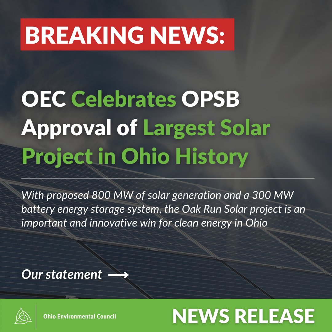 GOOD NEWS ALERT ☀️ In a HUGE win for Ohio jobs, climate action, and agricultural innovation, the Ohio Power Siting Board today approved Oak Run Solar, the largest scale #solar project in Ohio's history and one of the largest in the country.