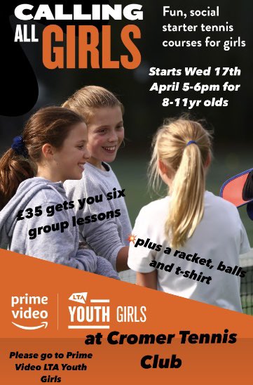 A new  6 wk introductory starter course for girls aged 8-11 years old starts from Wed 17th April 5-6pm here &amp; at just £35 
Anyone signing up will get a racket, ball set, t-shirt &amp; wristbands plus six great group lessons delivered by an accredited LTA coach lta.org.uk/play/book-a-yo…