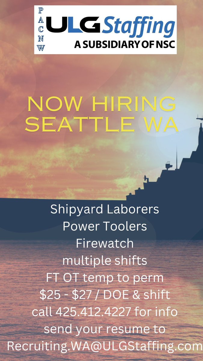 SarahShipyard's tweet photo. #Opportunities !
#Seattlejobs #trainingprovided
#JOINOURTEAM
425.412.4227 https://t.co/OaCbqbSItm
