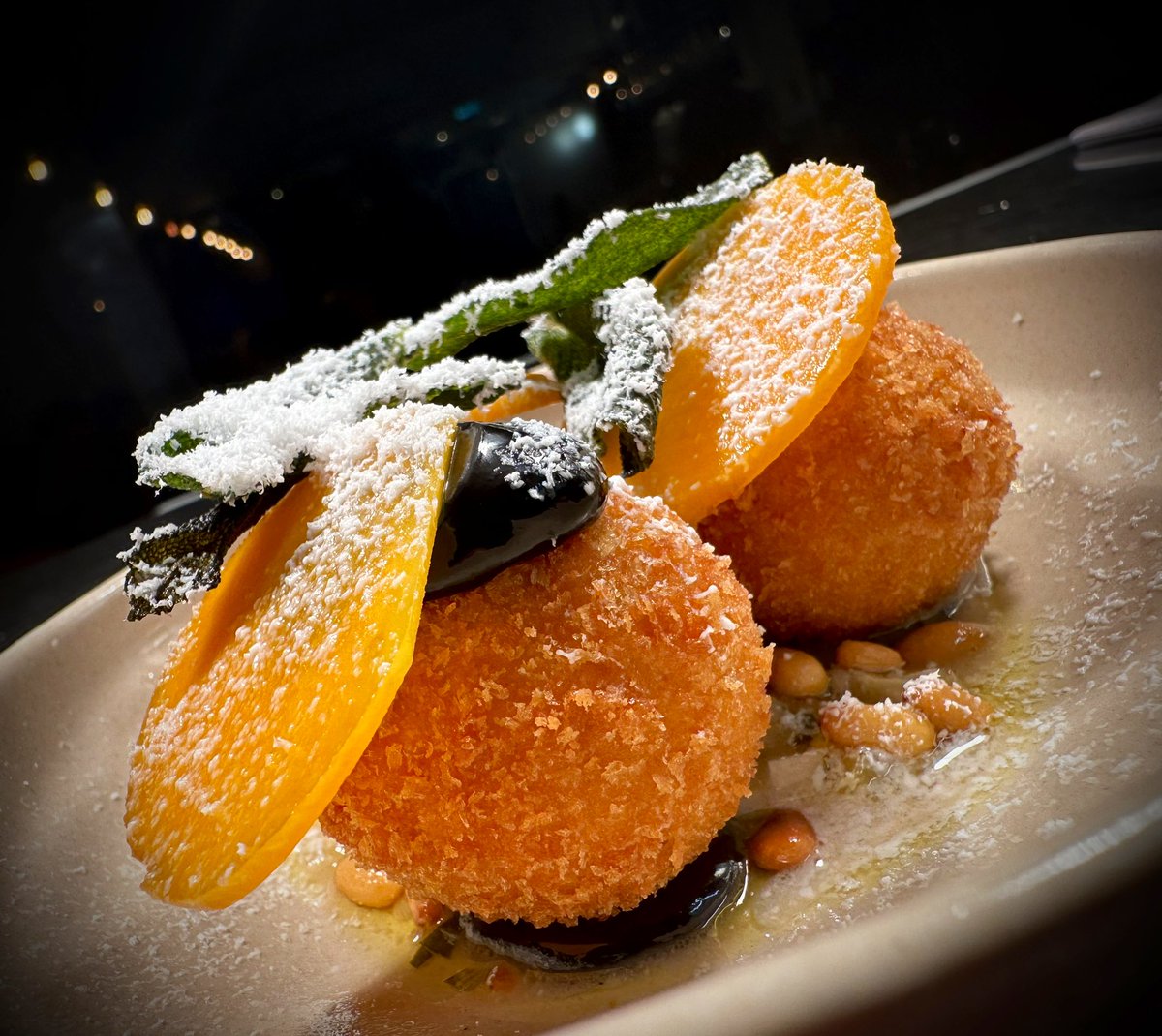 Small plate heaven tonight!!!! Butternut squash croquetas, black garlic, sage & pinenuts #proper #smallplates