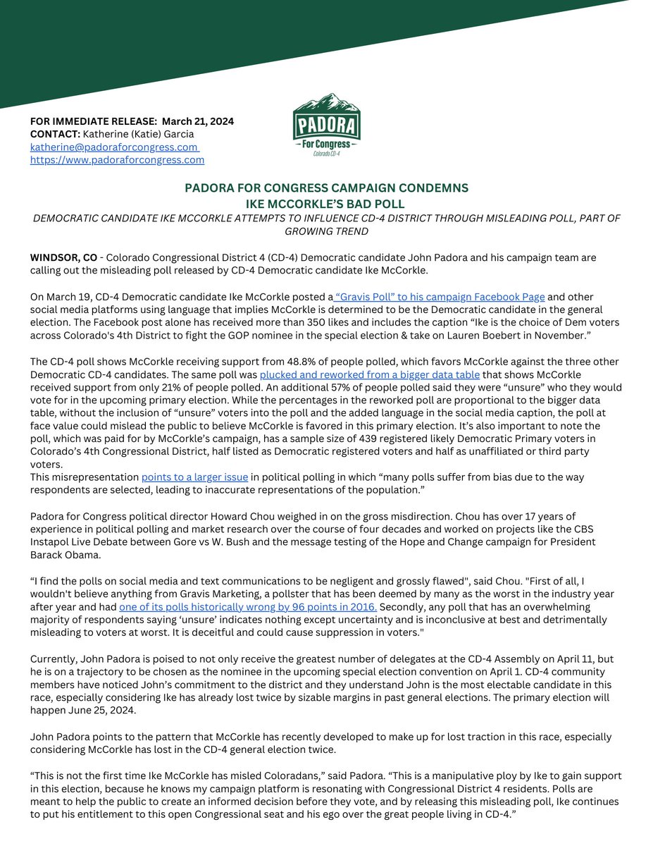 Everyone, please read my statement on the recent misleading poll released by Ike McCorkle's campaign.

#SpecialElection #PrimaryElection #Colorado #CD4 #colpol #Padora4Congress