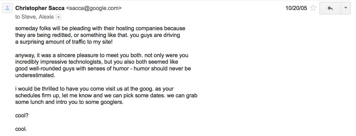 Thanks, @sacca (he was the first person outside of my mom or dad or YC to see the BIG potential in Reddit)