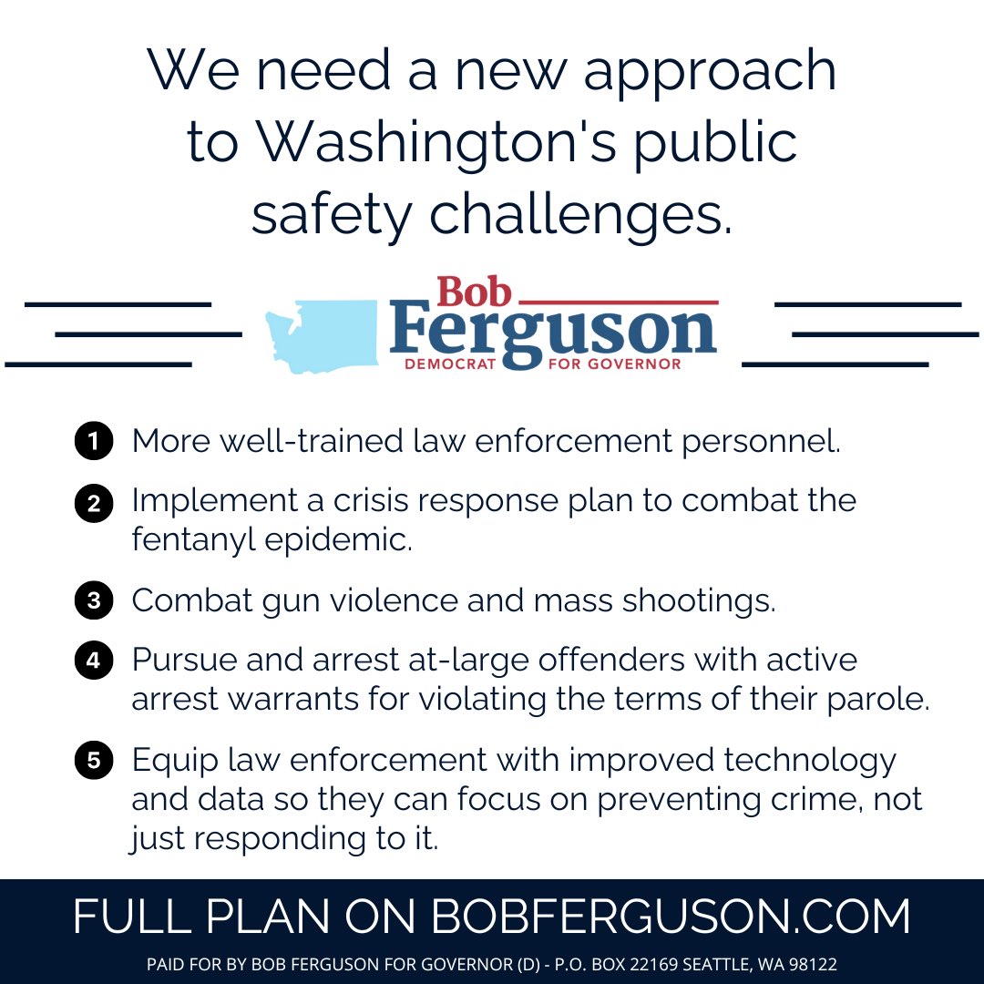 Washington ranks last in the country in law enforcement officers per capita, and our next Governor needs to take immediate action to change that. I’m the first candidate to release a comprehensive public safety plan, which starts with increasing the size of the State Patrol and…