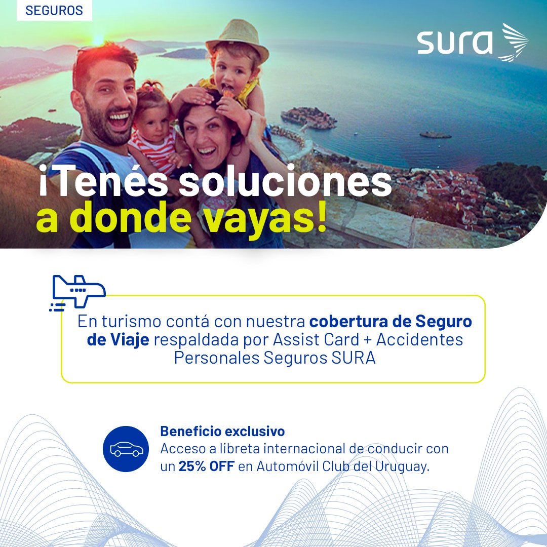 Tenemos una solución para acompañarte en turismo! 👌
Disfrutá tus vacaciones con el respaldo de nuestro Seguro de Viaje y contá con Accidentes Personales Seguros Sura + Assist Card,. 

¿Querés conocer más? Te invitamos a ingresar nuestra web 🤩