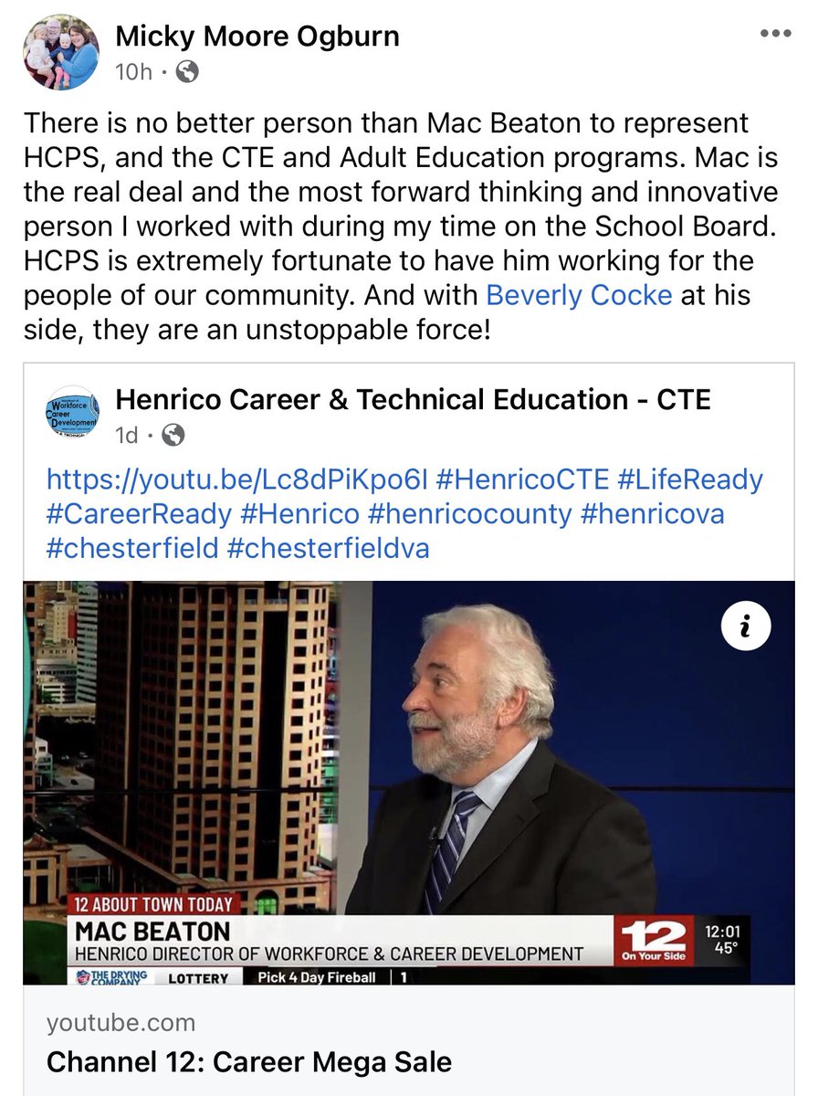 Kudos to @MacBeaton2 on an awesome segment on NBC with @CandiceSmithTV. Love this comment from former @HenricoSchools school board member, Micky Ogburn. Great shoutout to @beverlycocke1 also. The @HenricoCTE team is absolutely amazing!