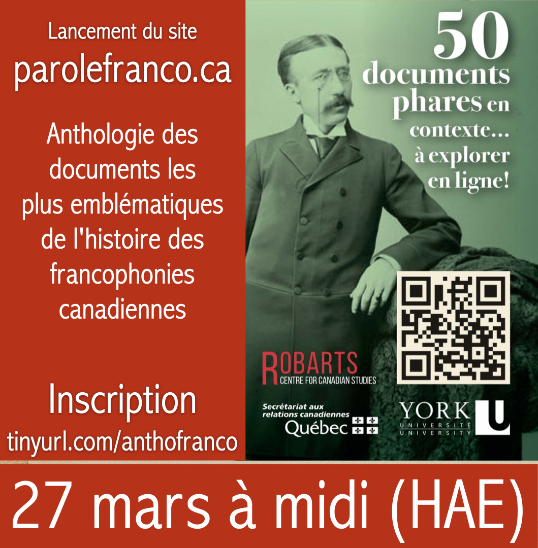 Les historiens Marcel Martel et Joel Belliveau, chercheurs au @crccf, lancent la plateforme parolefranco.ca le 27 mars. Inscription : tinyurl.com/anthofranco