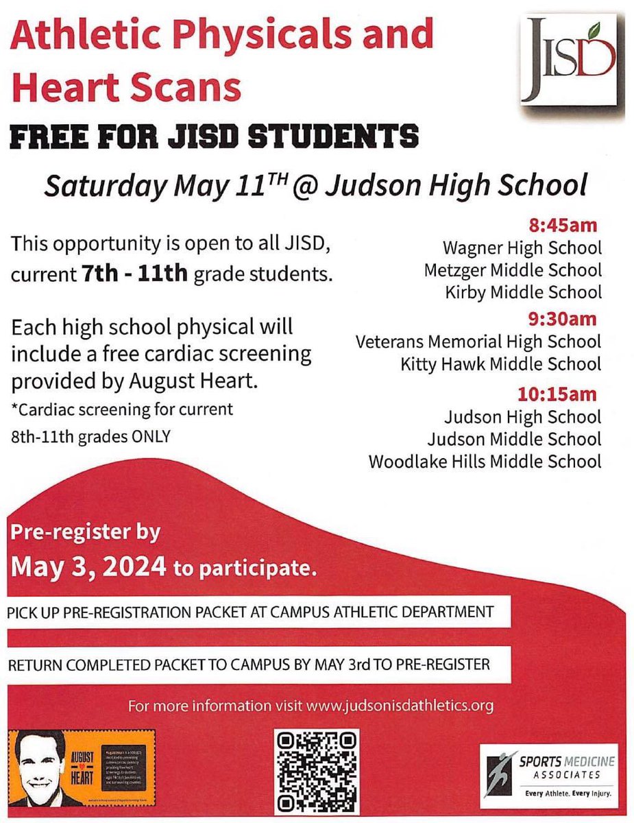 JISD Athletic Physicals Saturday May 11th Free athletic physicals for the 2024-2025 school year. Please see your Campus athletic trainer to pick up the required forms and schedule your appointment. No walk ups the day of will be accepted. judsonisdathletics.org/judson-isd-fre…