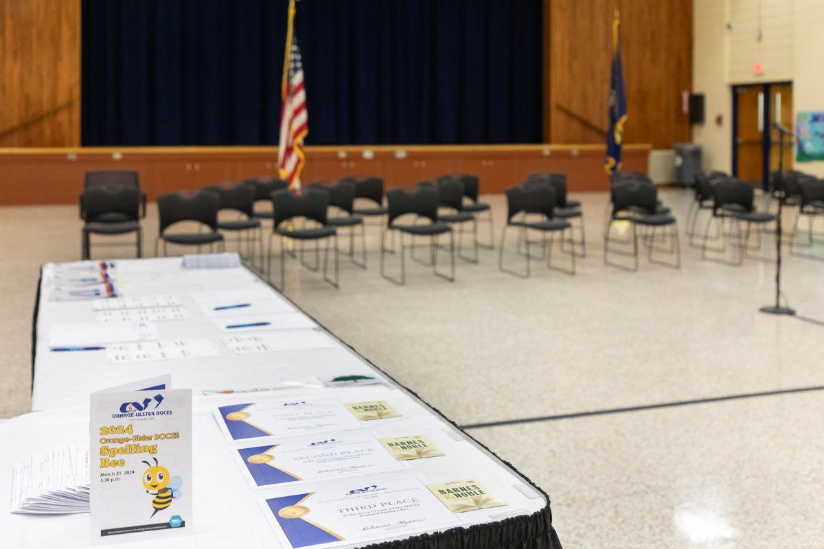The stage is set for students to compete at Orange-Ulster BOCES Regional Spelling Bee at the Emanuel Axelrod Education Center in Goshen. The event will start soon.