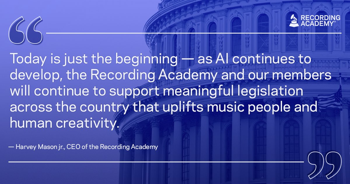 “The Recording Academy celebrates the passage of the ELVIS Act as a groundbreaking achievement in the effort to protect human creators in the age of AI.' - Harvey Mason jr., CEO of the @RecordingAcad 📲 Learn more: grm.my/3TrsHXm