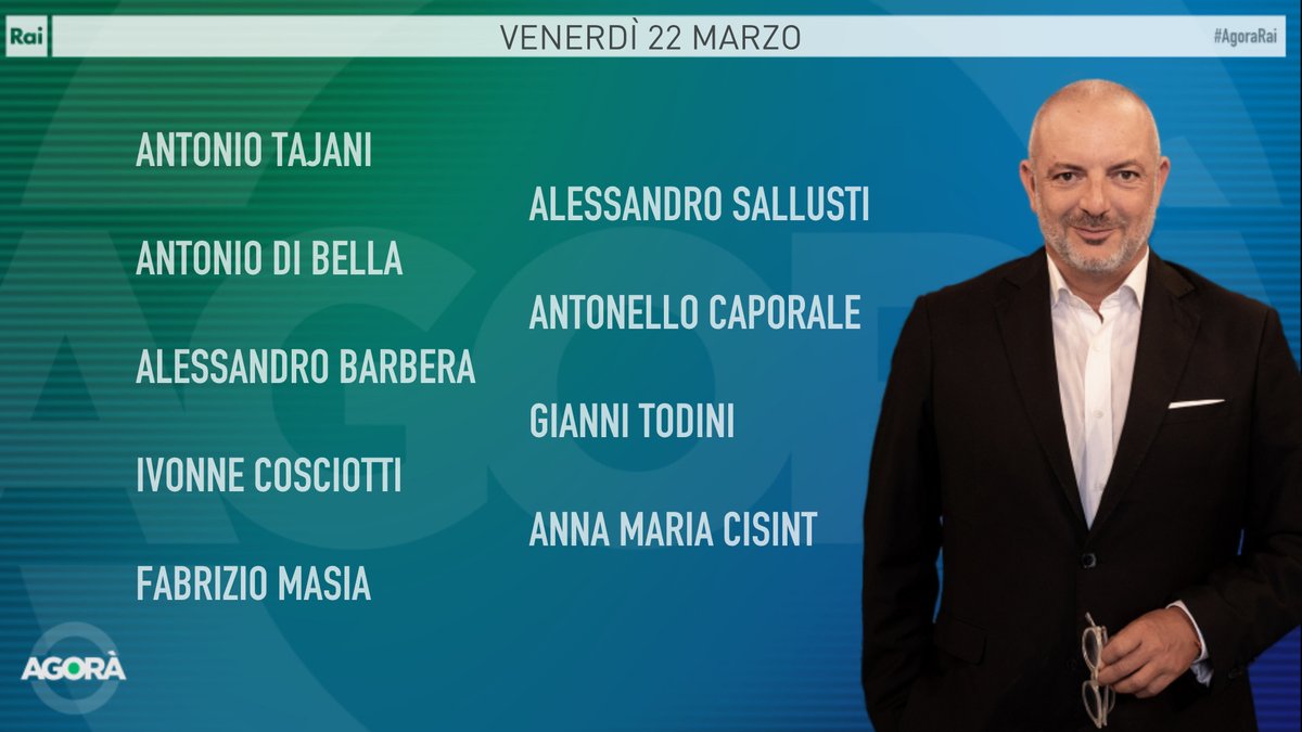 Ecco gli ospiti di Roberto Inciocchi di venerdì 22 marzo ad #AgoraRai. Vi aspettiamo dalle 8.00 alle 09:45 su #Rai3 e #RaiPlay.