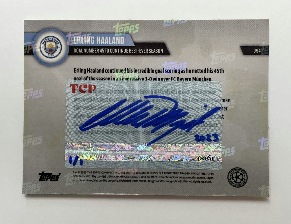 Release Date: 11/26/2023
Initial TCP Market Value (at Release Date): $261.00
Raw Card Average Value: $5.50
Artwork Title: Hasta la vista, Baby
Artist: Mazid
Medium: Oil paint on authentic 2023 UCL Topps Now Erling Haaland card #94 #ErlingHaaland