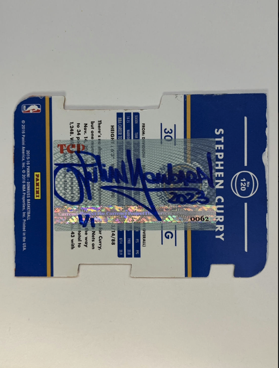 Release Date: 11/19/2023
Initial TCP Market Value (at Release Date): $380.00
Raw Card Average Value: $45.00
Artwork Title: To the moon and back
Artist: Lombardi
Medium: Oil paint on authentic 2015-16 Panini Donruss Stephen Curry trading card #120 (SN 58/70)