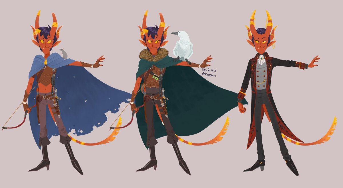 My tiefling assassin rogue Red at level 1 - level 5 - and formal attire for a ball. Was experimenting a bit with lineless style. #tiefling #dnd #dndart #ttrpg #dnd5e