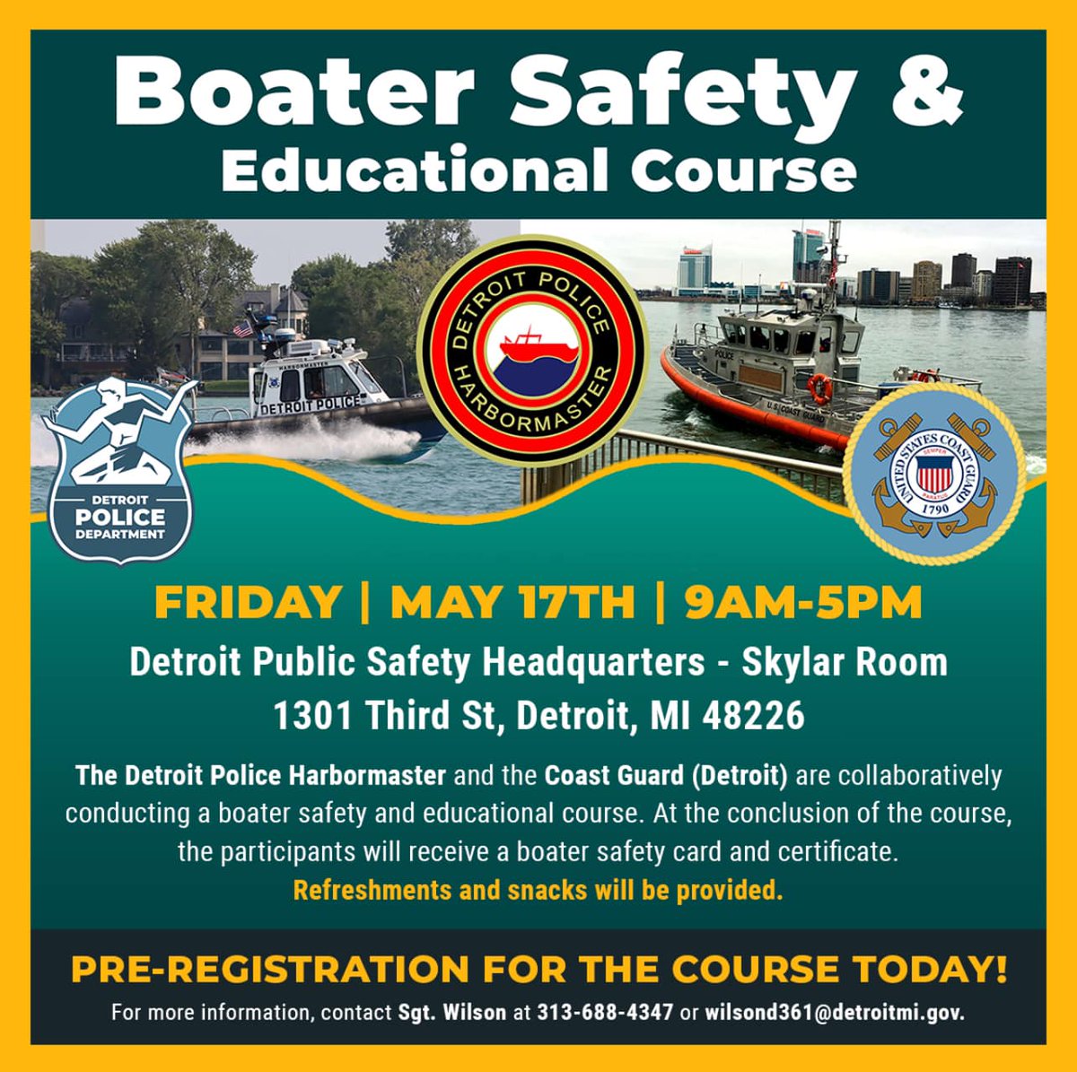 Warm weather is right around the corner!

Join the Detroit Police Harbormaster & U.S. Coast Guard for a boater safety & educational course Friday, May 17th at the DPSH from 9:00 AM- 5:00 PM. Participants will receive a boater safety card & certificate at the end of the course.