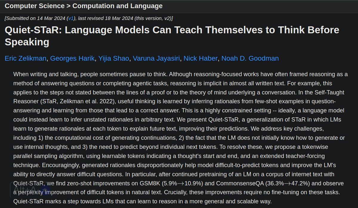 burny_tech's tweet photo. Researchers gave AI an 'inner monologue' and it massively improved its performance | Scientists trained an AI system to think before speaking with a technique called QuietSTaR. The inner monologue improved common sense reasoning and doubled math performance
Quiet-STaR: Language Models Can Teach Themselves to Think Before Speaking