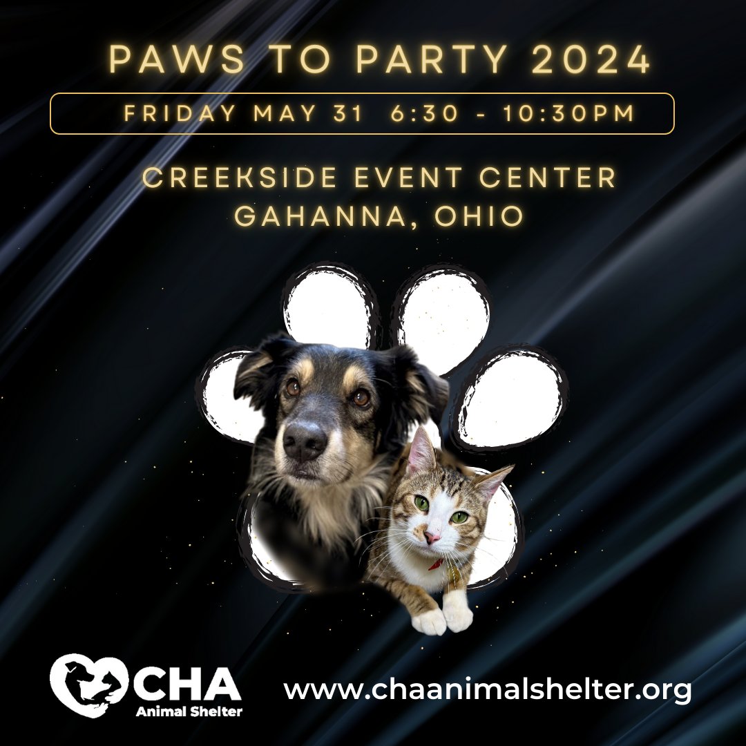 Paws to Party celebrates 20 years on Friday, May 31 at Creekside Event Center in Gahanna, Ohio. Tickets, tables, and sponsorships are now open. Visit chaanimalshelter.org/pawstoparty/ to secure your spot today. #chapawstoparty #chaanimalshelter